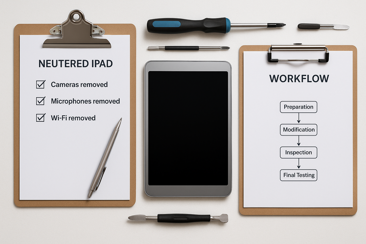 Organized workstation with checklists, tools, and devices